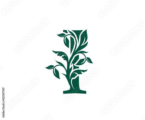 Nature I Letter Floral logo. Vintage classic ornate letter vector.