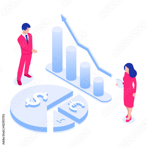 Business analytics concept. Business people are standing in front of various charts. Vector illustration in modern isometric style. Isolated on white background.