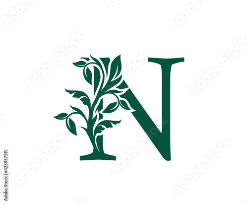 Nature N Letter Floral logo. Vintage classic ornate letter vector.