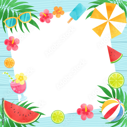 水色の木の板の背景とパラソルやスイカやサングラスなどの夏イメージのベクターイラストフレーム