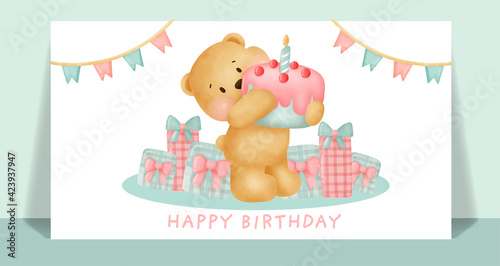 Birthday card with cute teddy bear hoding a cake.