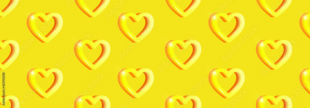 Volumetric yellow hearts on a yellow background. Seamless patterns. 3d Vector.