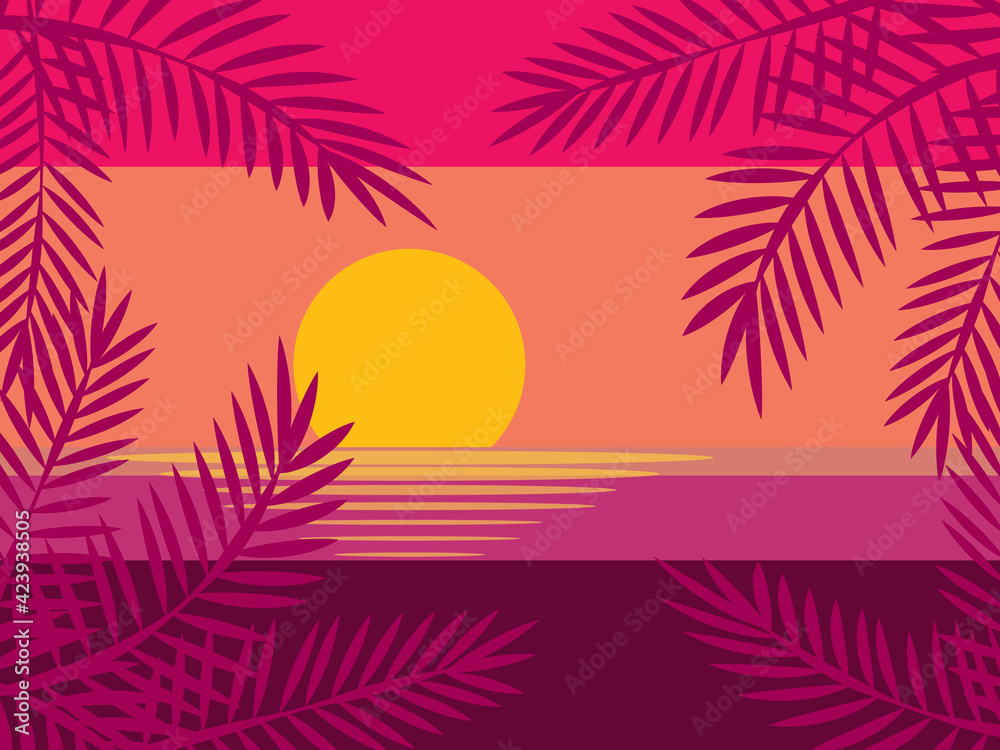 Fototapeta premium Tropical background, palm trees and sea at sunset, flat design, vector illustration.