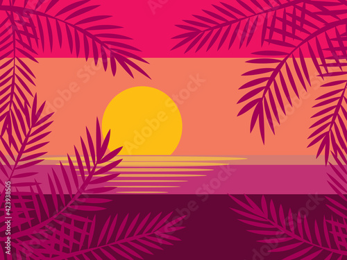 Tropical background  palm trees and sea at sunset  flat design  vector illustration.