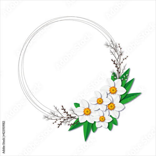 Happy easter. Easter flower frame. Easter lawn, garden. postcard, poster. Template design with decorated eggs in flowers. illustration in cartoon style.