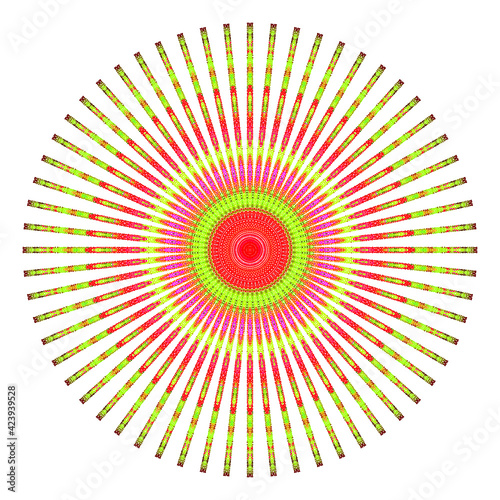 Creative multicolored points round symbol. Abstract symmetrical logo. Mosaic colorful beautiful beads. Circle dots modern pixel floral art icon. Colored pattern ornament wheel decorative illustration.