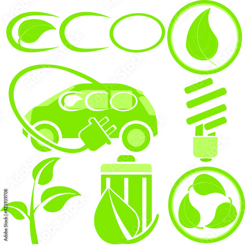 Eco icons: electric car, environmental emblems, tree, energy-saving light bulb, leaves