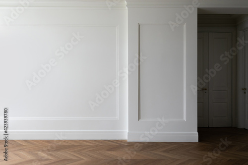 Fragment of classic interior with herringbone parquet floor and wall panels with installed moldings and skirting boards. White wall with copyspace.
