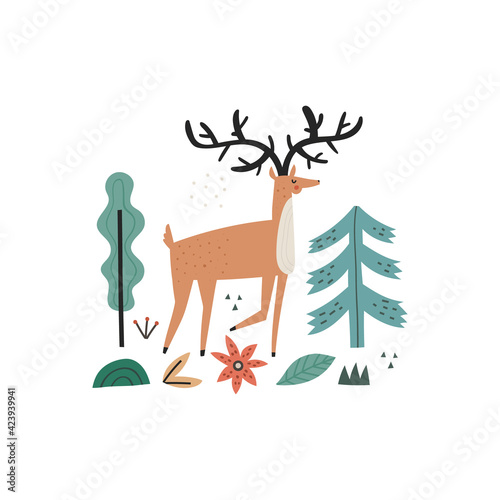 Hand drawn wild forest hoofed animal with horns. Deer, trees, plants