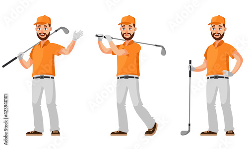 Golfer in different poses. Male person in cartoon style.