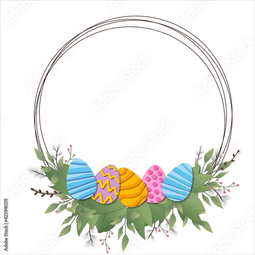 Happy easter. Easter flower frame. Easter lawn, garden. postcard, poster. Template design with decorated eggs in flowers. illustration in cartoon style.
