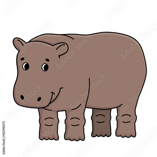 Cute brown vector outline cartoon gray male hippo stands on the ground, smiles, looks to the right. Doodle isolated illustration on white background, side view. © essskina