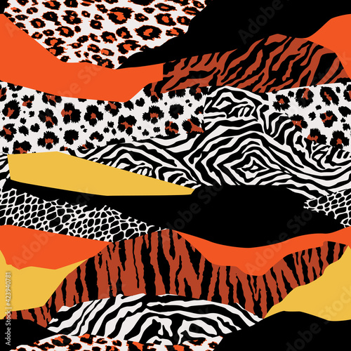 Wild animal skins patchwork wallpaper abstract  fur seamless vector pattern