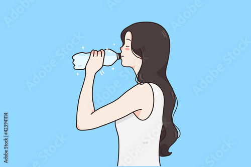 Drinking water and healthy lifestyle concept. Young smiling girl standing and drinking pure clean water from bottle over blue background vector illustration 