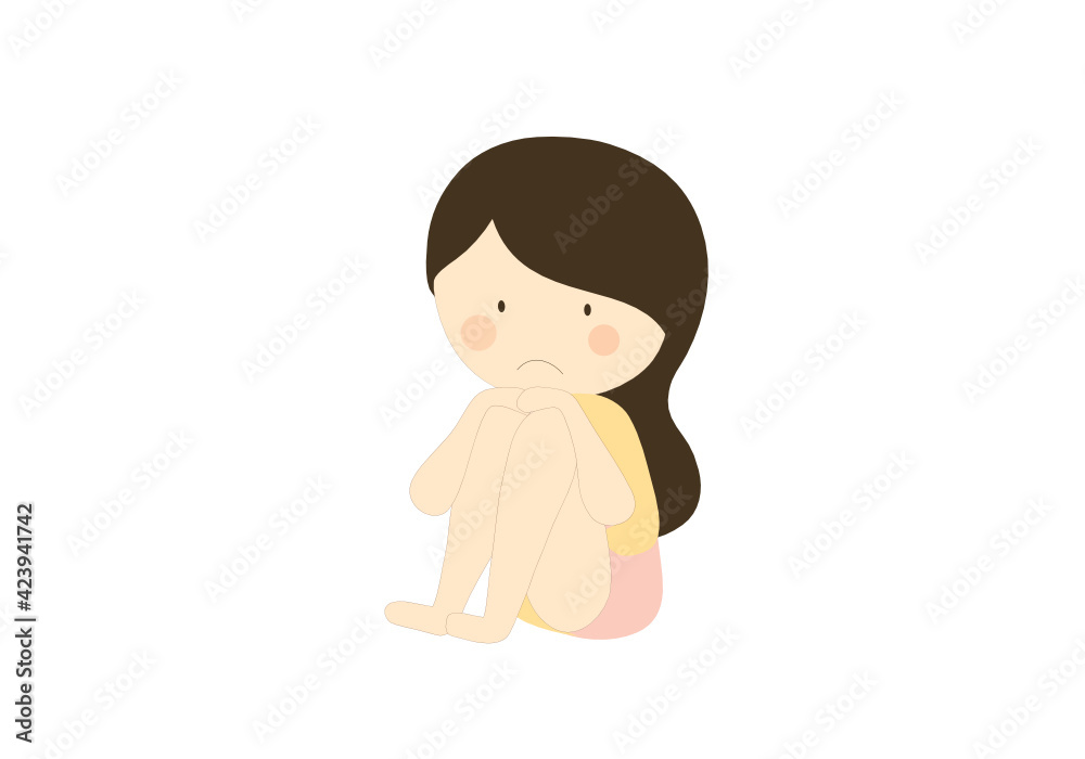Depressed sad girl hugging her knees vector illustration. Depression and disorder mental problem concept Depressed sad girl hugging her knees vector illustration. Depression and disorder mental problem concept