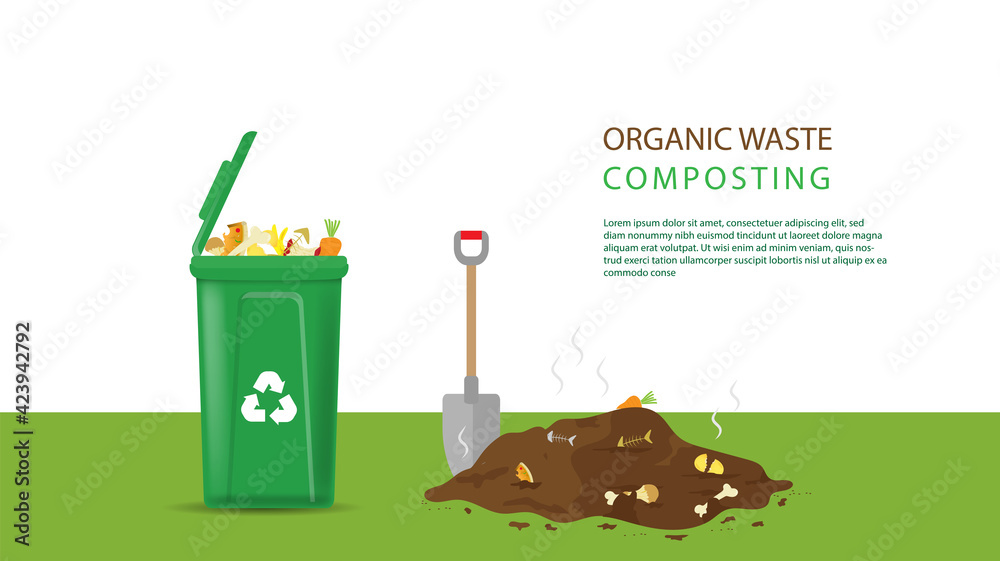 Compost illustration, compost bin with organic waste illustration for