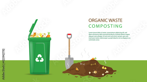 Compost illustration, compost bin  with organic waste illustration for waste composting,  waste recycling process concept for compost organic waste vector illustration. 