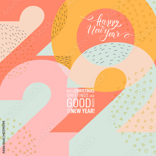 2022 Happy New Year. Hand painted strokes and dots in pastel colors. Template with typography logo 2022 for celebration and season decoration. Minimal style poster, greeting card, header for website.