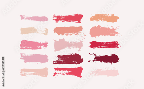 Set of makeup strokes, beauty and cosmetic nude brush stains. Smear make up lines big collection, lipstick swatches, texture. Paint line texture. Vector illustration. Isolated on white background.