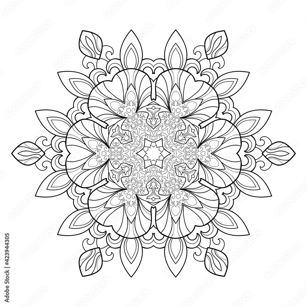 Decorative round mandala with floral patterns on a white isolated background. For coloring book pages. Decorative round mandala with floral patterns on a white isolated background. For coloring book pages.