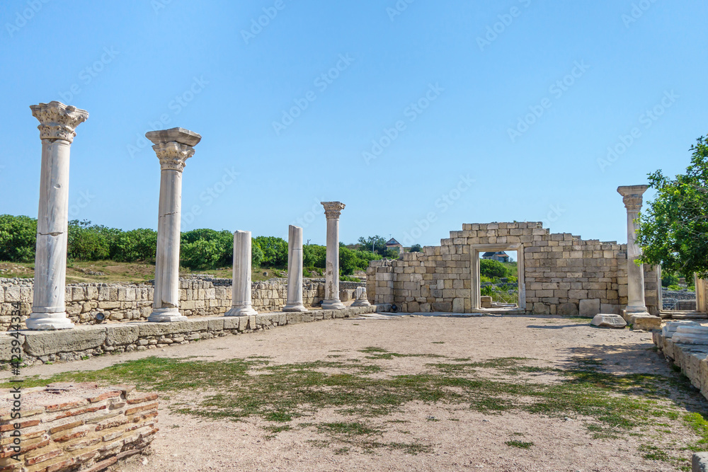 Remains of basilica of 6th AD in ancient city Chersonesus, Sevastopol, Crimea. Church named 'Basilica 1935'. This is most preserved religious building and most popular among tourists