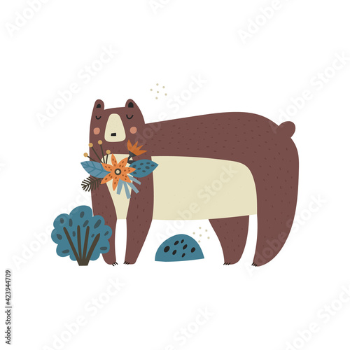 Cute cartoon bear character with flower composition isolated on white background.
