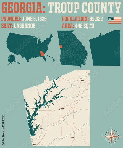 Large and detailed map of Troup county in Georgia, USA.