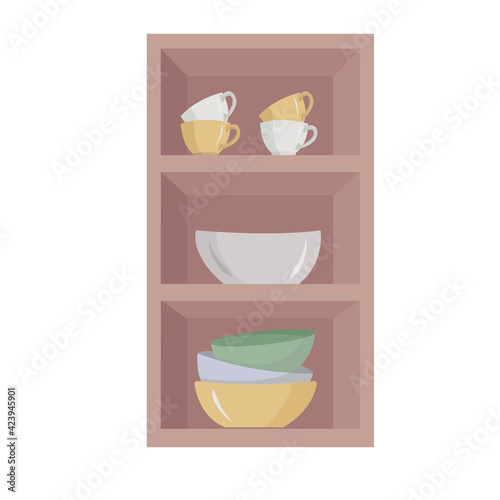 pink kitchen shelf with cups  and  plates in flat-style isolated on white background.  A pitcher, cups for tea and coffee. Kitchen utensils for cooking and serving soup and other dishes. 