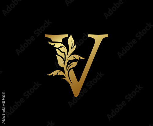 Elegant Gold V Letter Floral logo. Vintage classic ornate letter vector.