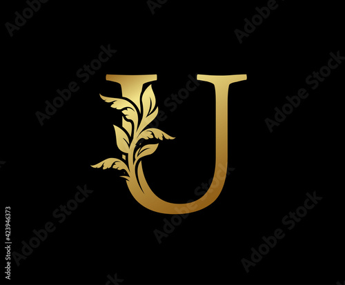 Elegant Gold U Letter Floral logo. Vintage classic ornate letter vector.