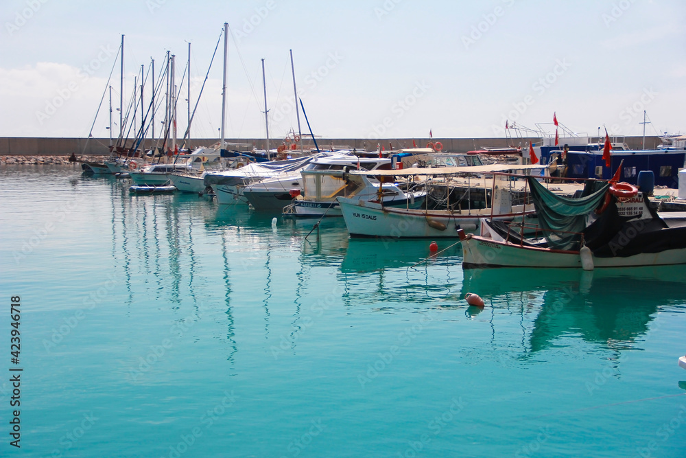 Antalya, Turkey, March 26, 2021. Pleasure boats and yachts in the blue sea