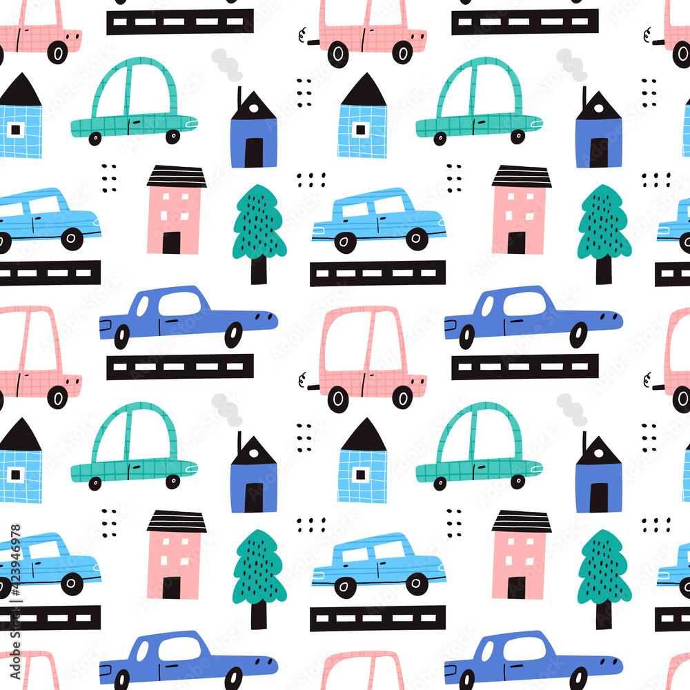 Naklejka premium Cute childish cars in city vector seamless pattern with texture. Colorful cartoon auto transports, houses, trees isolated on white background. Kids automobile wallpaper