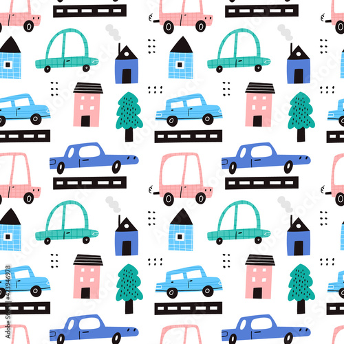 Cute childish cars in city vector seamless pattern with texture. Colorful cartoon auto transports, houses, trees isolated on white background. Kids automobile wallpaper © faveteart