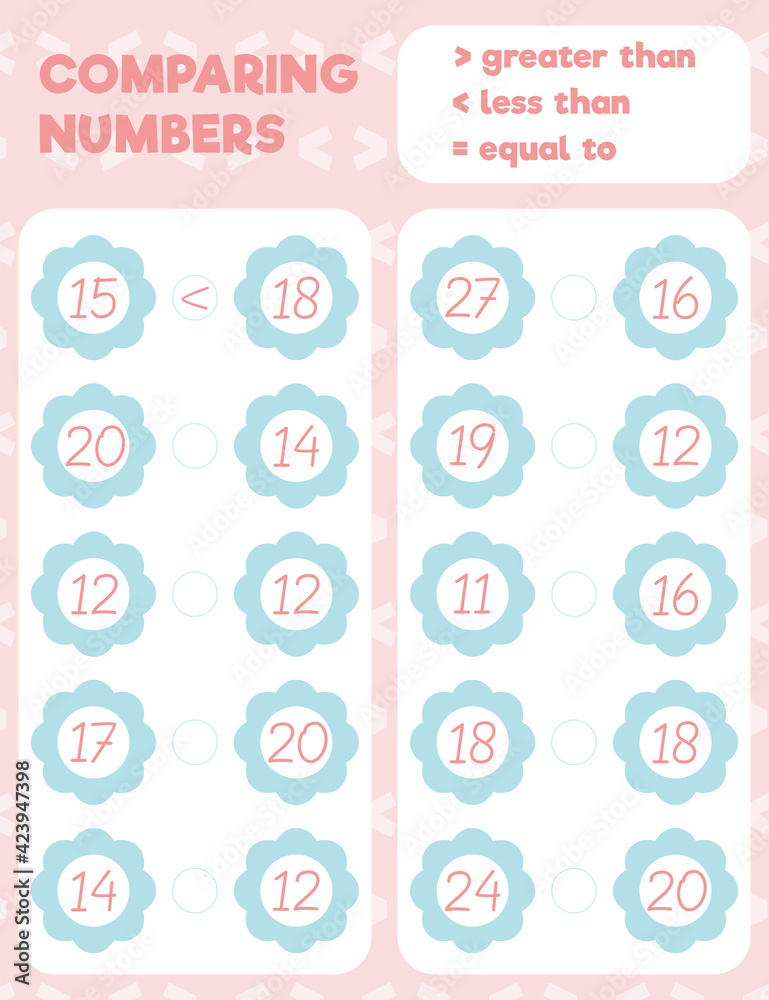Comparing numbers worksheet practice print sheet. Vector illustration. Comparing numbers worksheet practice print sheet. Vector illustration.