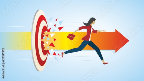 Conceptual image business success. Person running through dartboard, (goal) and continue in high speed. Breaking all expectations. Dimension 16:9. EPS10. Vector illustration.