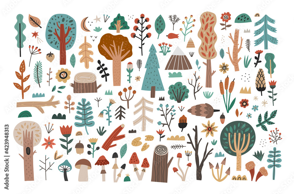 Big collection set of hand drawn woodland flora clipart ...