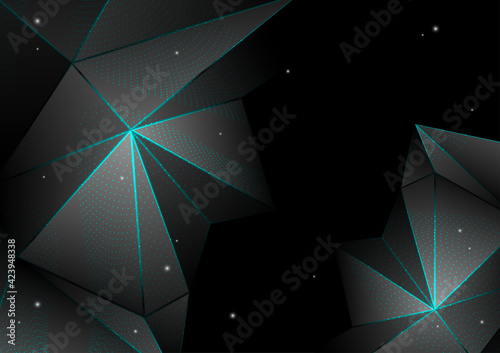 Black polygon with green line on the back background and little light, modern design, business and technology, wallpaper, presentation