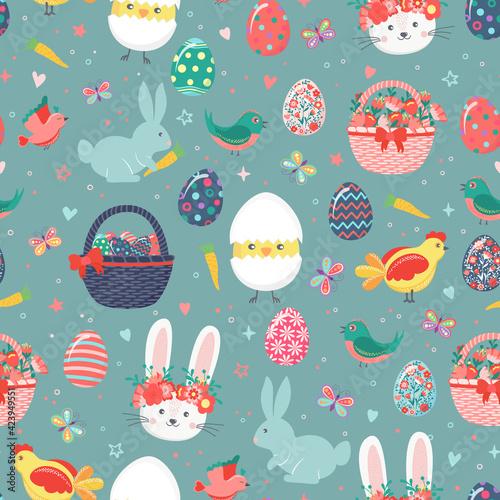 Hand drawn seamless pattern of cute Easter eggs, chicken, rabbit, bunny, chick in eggshell, flowers, butterfly, baskets, carrots, birds, hearts, leaves. Happy Easter spring floral sketch illustration