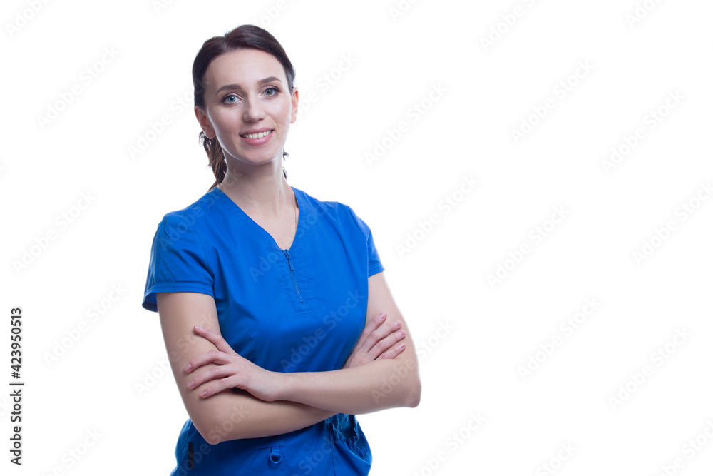 Positive Professional Female GP Doctor Posing in Blue Doctor's Smock On White Background. Positive Professional Female GP Doctor Posing in Blue Doctor's Smock On White Background.