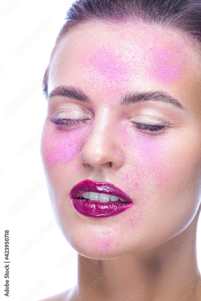 Beauty Ideas. Beauty Closeup Portrait of Serious Female With Powder Colorful Artistic Makeup Posing On White. Beauty Ideas. Beauty Closeup Portrait of Serious Female With Powder Colorful Artistic Makeup Posing On White.