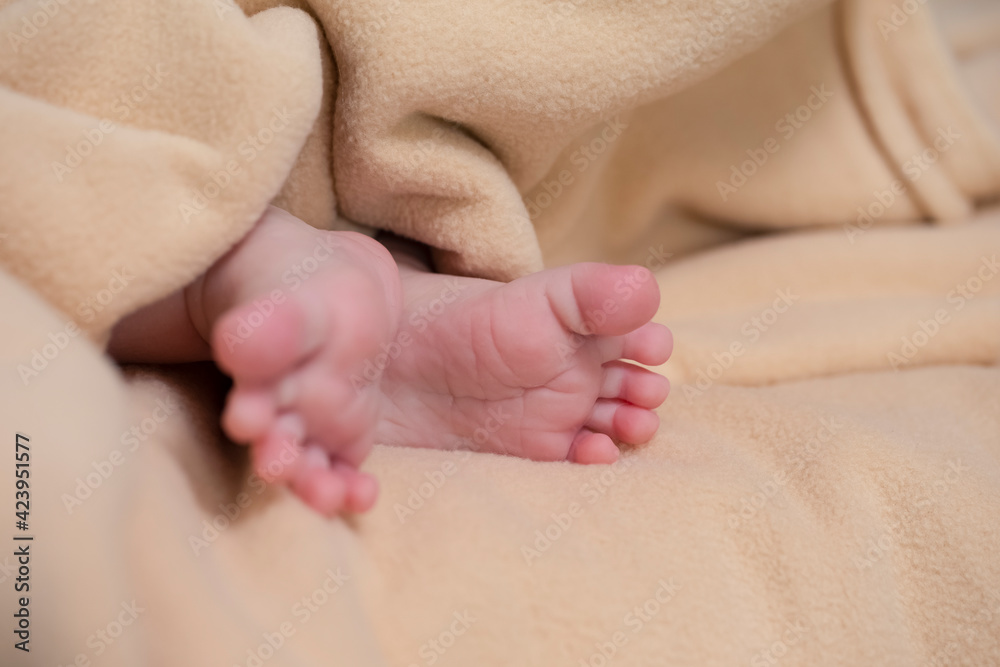 Newborns Concepts. Macro Closeup Shoot of a Four Week Old Baby Boy Feet Over Light Brown Towel. Newborns Concepts. Macro Closeup Shoot of a Four Week Old Baby Boy Feet Over Light Brown Towel.