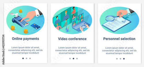 Modern flat illustrations in the form of a slider for web design. A set of UI and UX interfaces for the user interface.Online payments, video conferences, and recruitment.