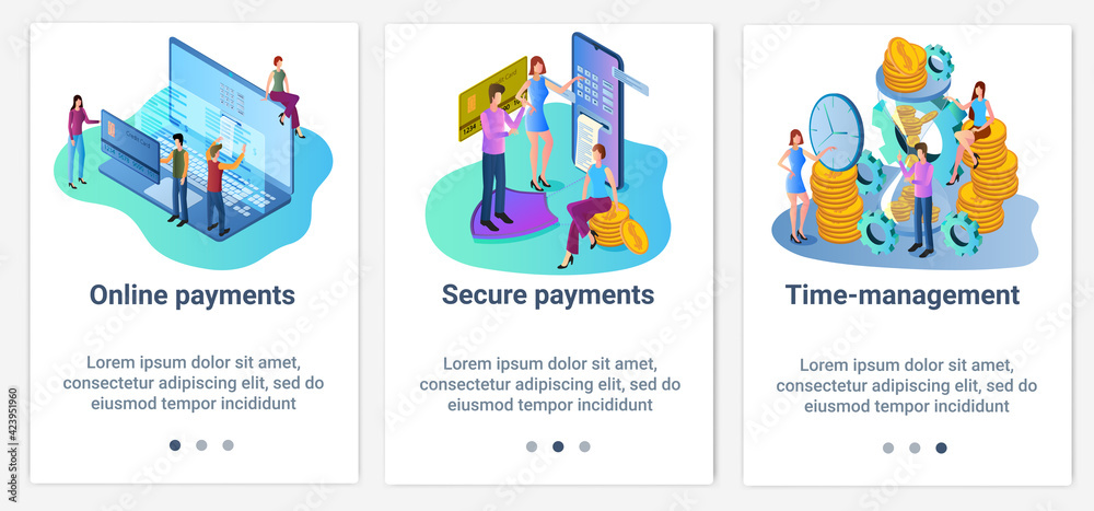 Modern flat illustrations in the form of a slider for web design. A set of UI and UX interfaces for the user interface.Secure online payments and time management.