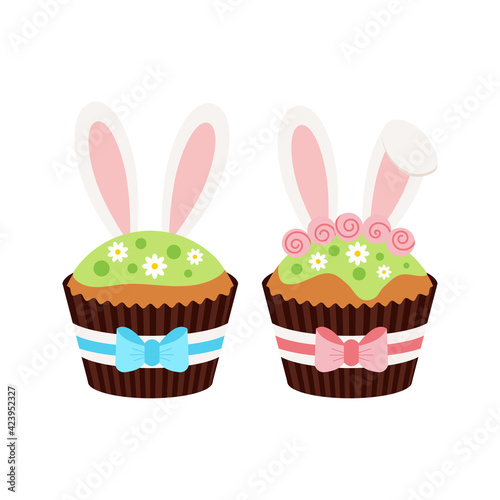 Easter cupcakes with bunny ears set isolated on white background. Cake sweets food muffin with bunny rabbit boy and girl ears. Flat design cartoon style home made easter dessert vector illustration.