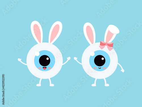 Easter cute eye ball with bunny ears icon set. Ophthalmology eyeball easter character with face and bunny rabbit ears costume. Flat design cartoon style vector vision clip art illustration.