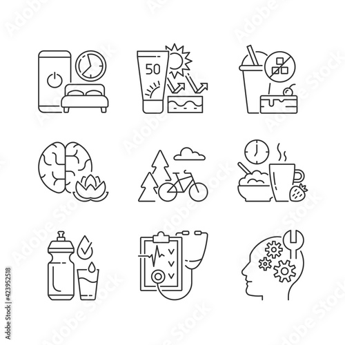 Healthy habits development linear icons set. Sleep hygiene. Skin protection. Practice mindfulness. Customizable thin line contour symbols. Isolated vector outline illustrations. Editable stroke
