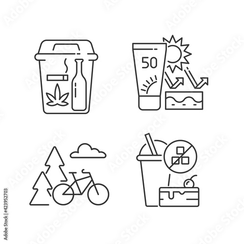 Healthy habits linear icons set. Quit bad habits. Skin protection. Outdoor activity. Change lifestyle. Customizable thin line contour symbols. Isolated vector outline illustrations. Editable stroke