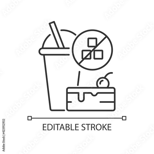 No added sugar linear icon. Healthy food. Weight loss. Stop overeating. Unhealthy junk food. Thin line customizable illustration. Contour symbol. Vector isolated outline drawing. Editable stroke