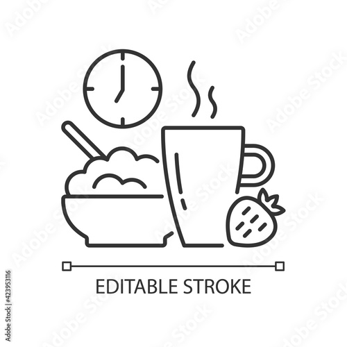 Healthy breakfast linear icon. Start of day with nutrient meal. Oatmeals for lunch. Thin line customizable illustration. Contour symbol. Vector isolated outline drawing. Editable stroke