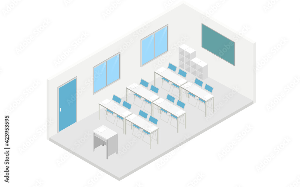教卓と机とパイプ椅子の並ぶ教室、アイソメトリック